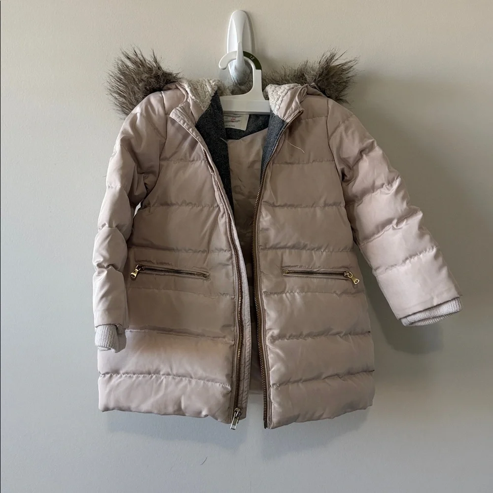 Zara Cream Hooded Puffer Coat with Faux Fur Trim 2/3 T